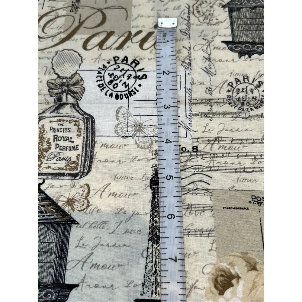 Paris Postcard Stamps Eiffel Tower France Cotton Quilting Fabric Music Notes